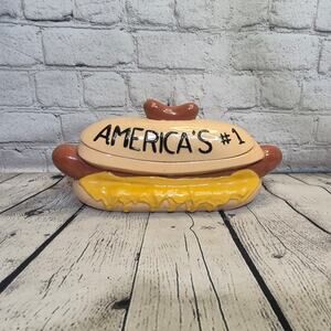 Vintage Glazed Ceramic America's #1 Hotdog container with lid Cookie Jar